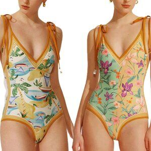 Visual Mood Floral & Tropical One-Piece Reversible Swimsuit with Tie Straps